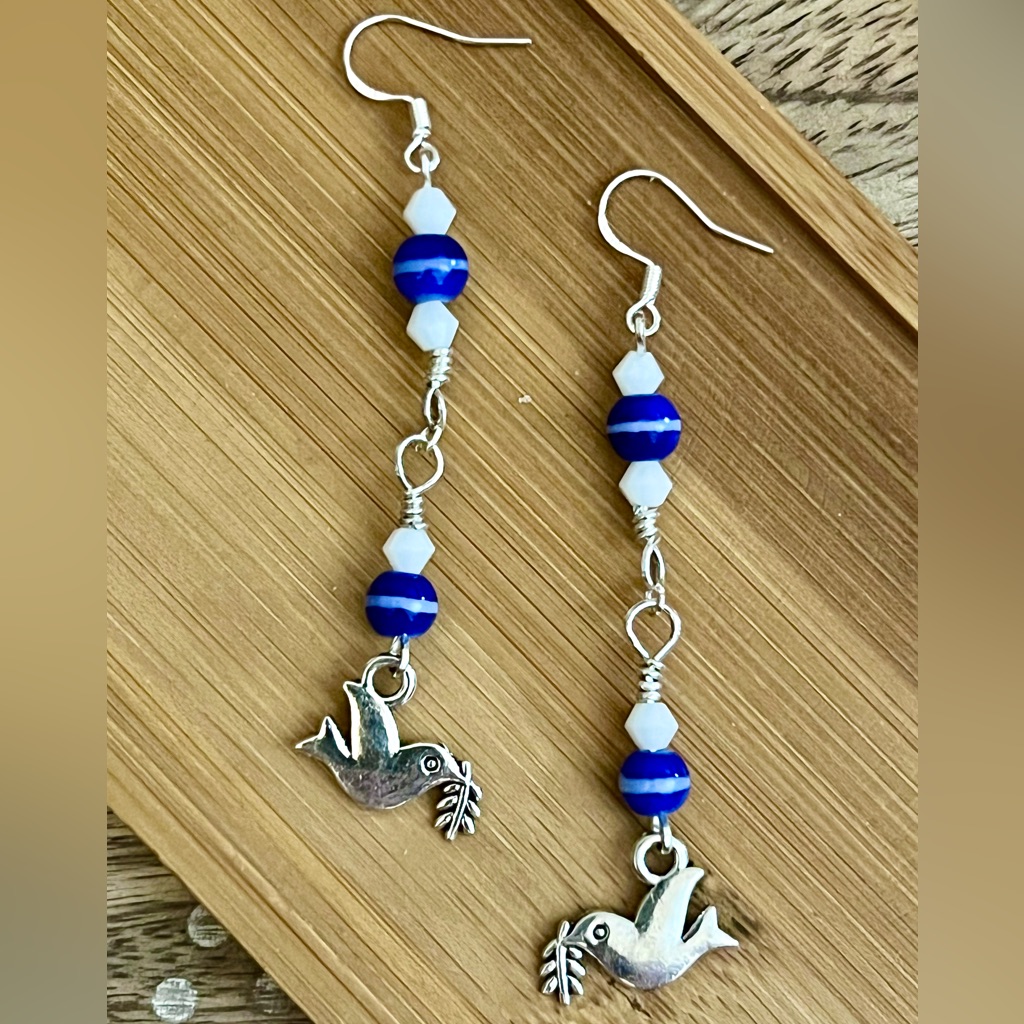New Pretty Delicate Blue Glass Bead & Dove Charm Earrings